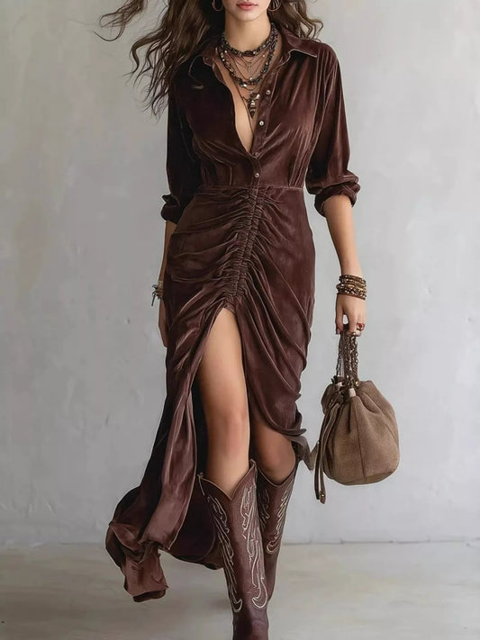 Sarah Express Women's Velvet Ruched Long Sleeve Dress with Slit Reddish Brown