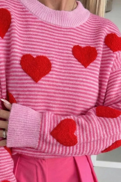 Sarah Express Women's Stripe Heart Pattern Knit Sweater - Valentine's Day Pullover
