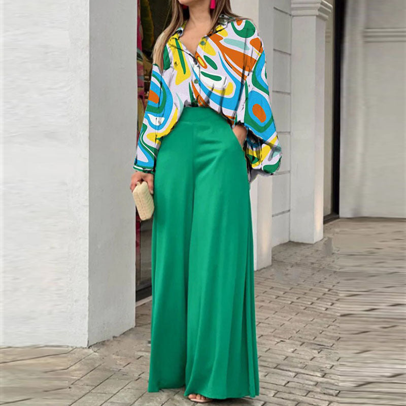 Women's Loose Elegant Printed Shirt and Wide Leg Pants Two-Piece Set