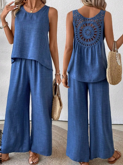 Sarah Express Solid Tank Top Wide Leg Pants Set 2 Piece Summer Vacation Polyester
