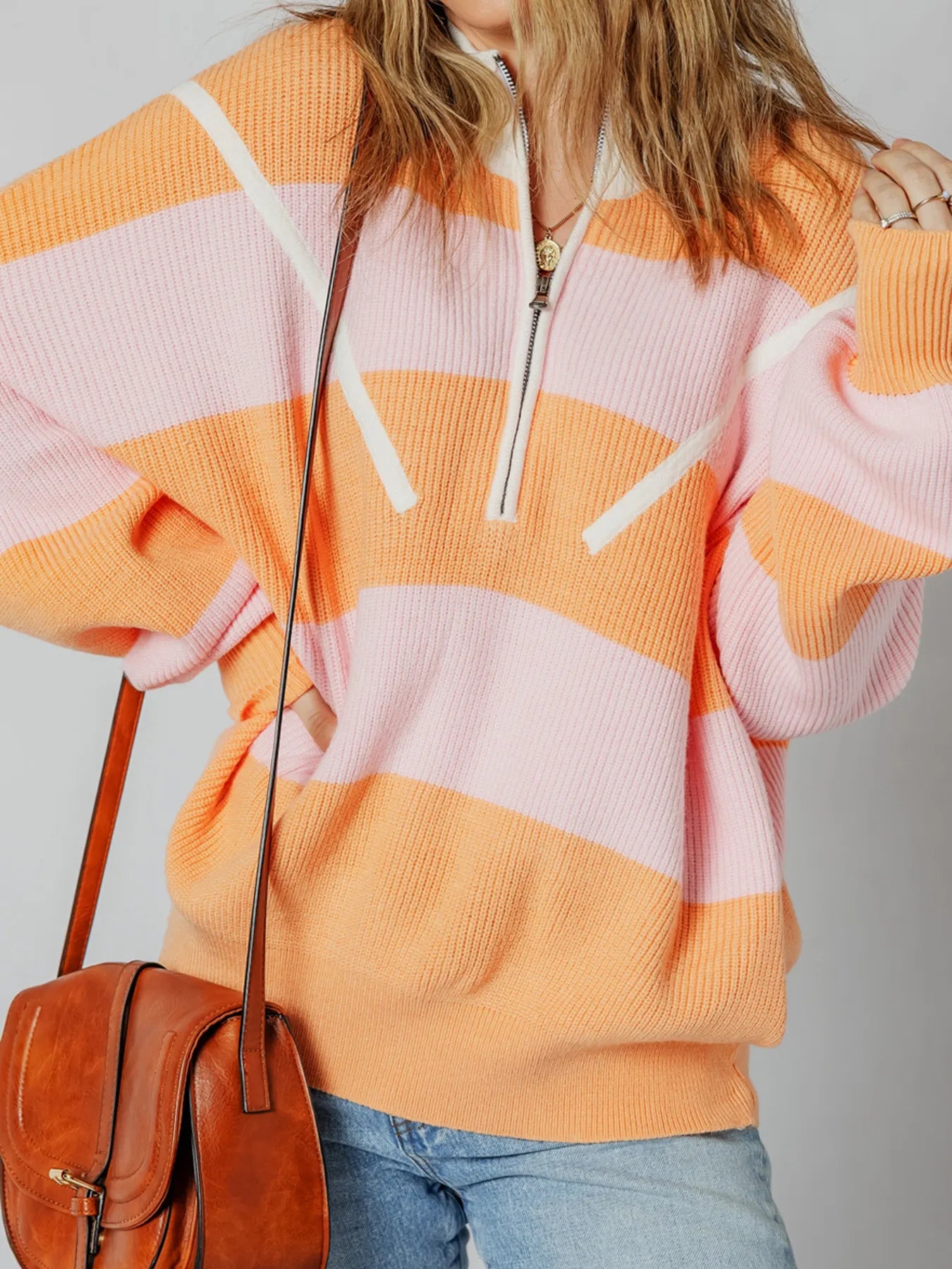 Sarah Express Women's Stripe Color Block Half Zip Oversize Sweater