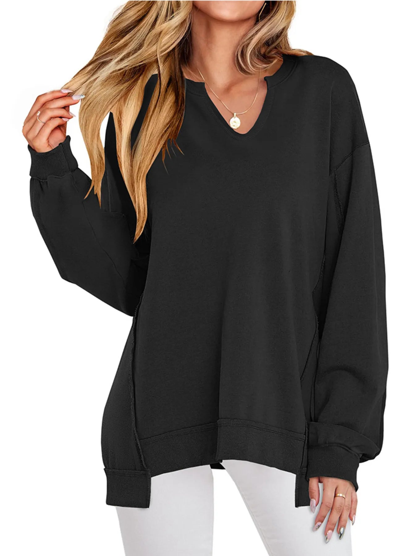 Sarah Express Women's Notched Long Sleeve Oversized Sweatshirt Black
