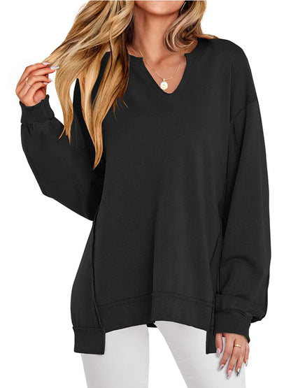 Sarah Express Women's Notched Long Sleeve Oversized Sweatshirt Black