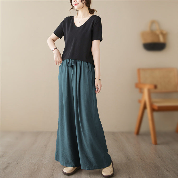 Sarah Express Women's Plus Size Wide Leg Pants Elastic Waist Straight Cotton Casual Trousers