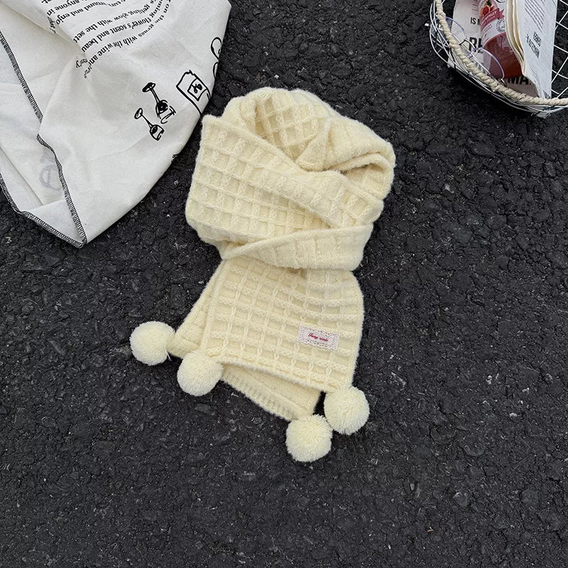 Sarah Express Women's Waffle Knit Pom-Pom Scarf - Cozy Winter Accessory Milky White ONESIZE