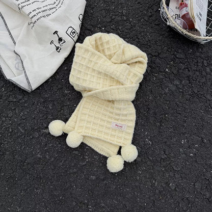 Sarah Express Women's Waffle Knit Pom-Pom Scarf - Cozy Winter Accessory Milky White ONESIZE