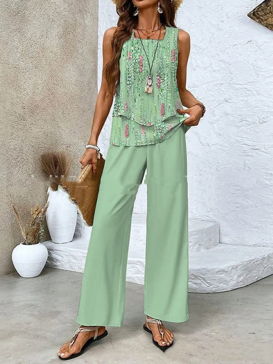 Sarah Express Women's Print Two-Piece Set Sleeveless Double Layer Vest Top Loose Straight Pants Floral Suit