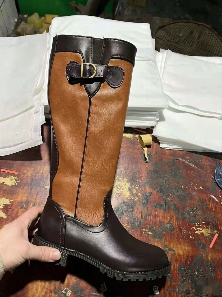 Sarah Express Women's Waterproof PU Leather Ankle Boots – Belt Buckle Round Toe Thick Sole High-Top