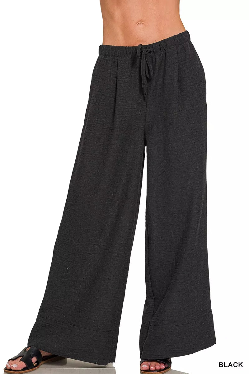 Sarah Express Women's Woven Airflow Drawstring Pants BLACK