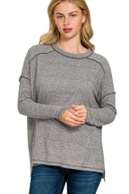 Sarah Express Women’s Plus Size Melange Hacci Tee with Exposed Seam Hi-Low Hem
