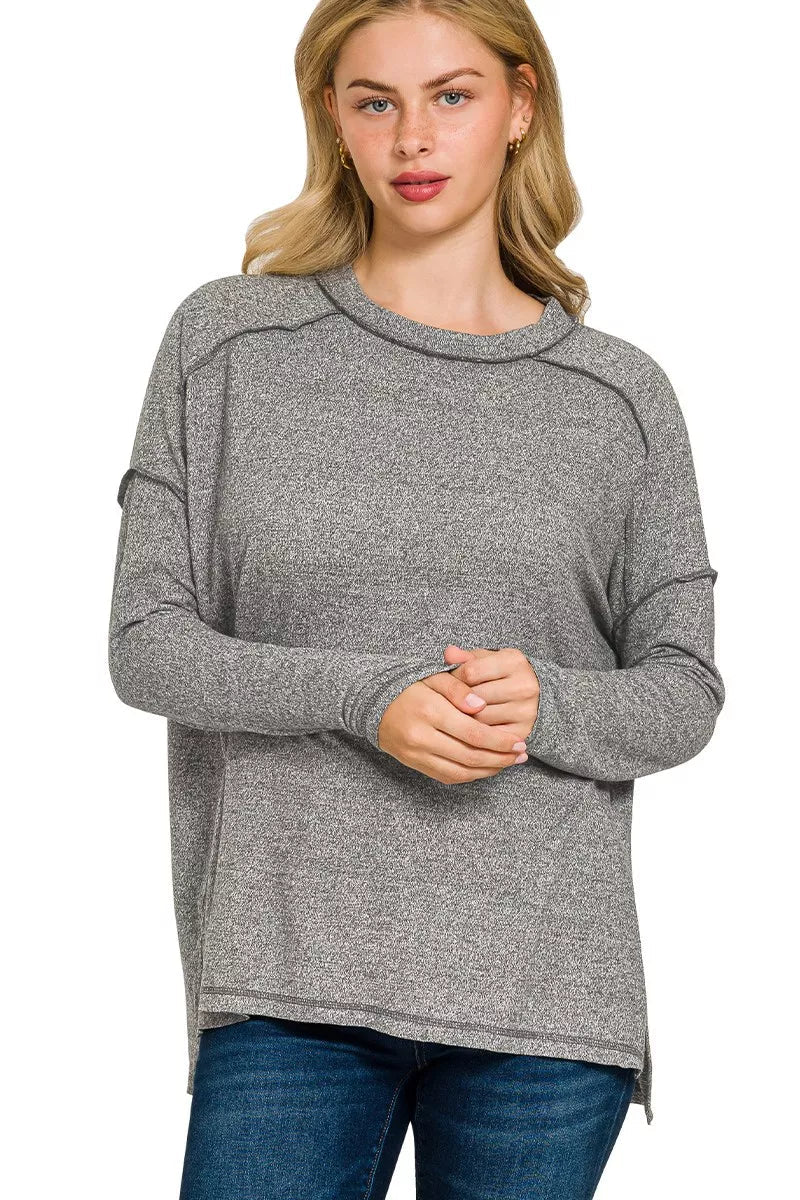 Sarah Express Women’s Plus Size Melange Hacci Tee with Exposed Seam Hi-Low Hem
