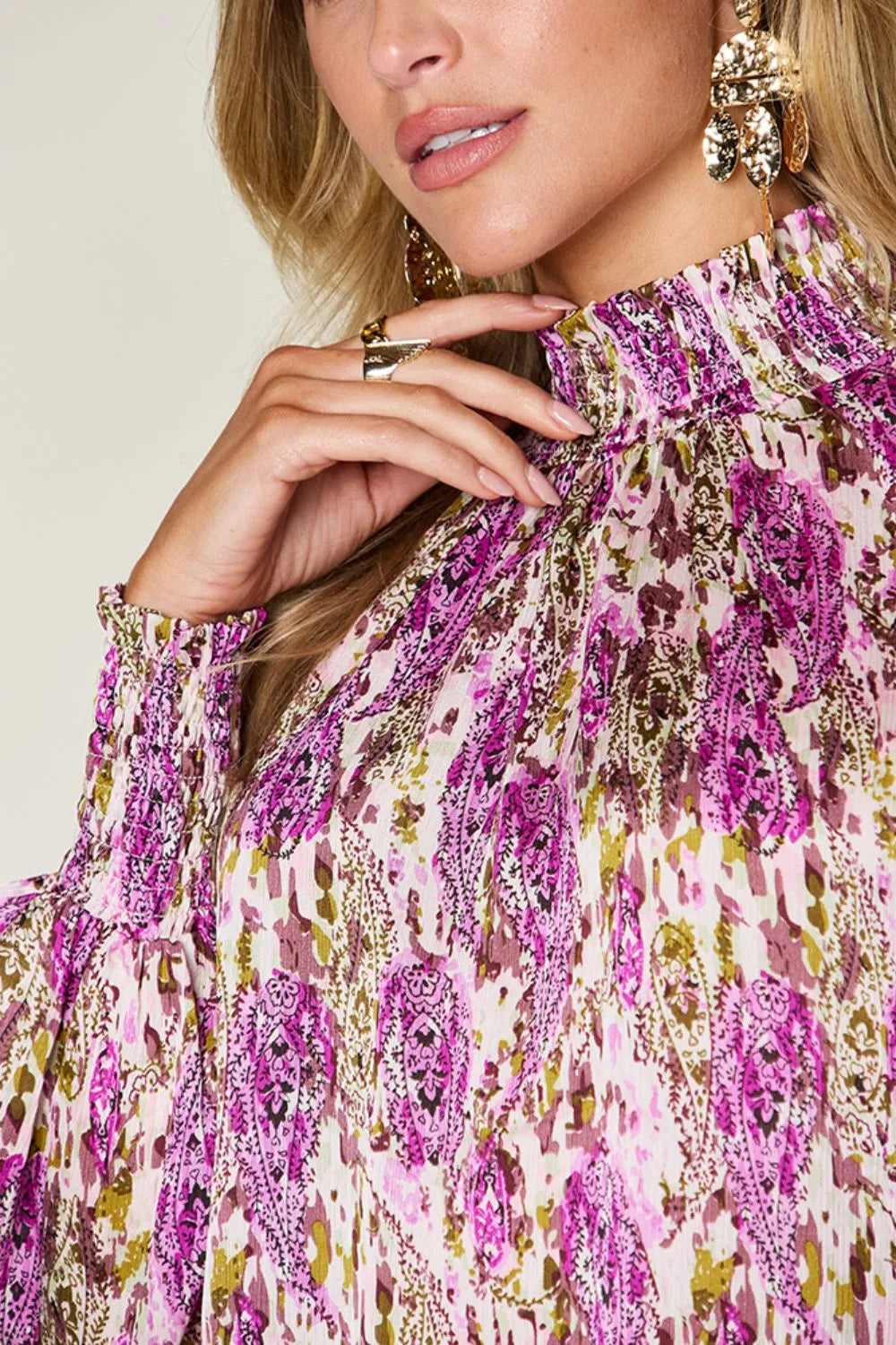 Sarah Express Women's Printed Smocked Long Sleeve Blouse