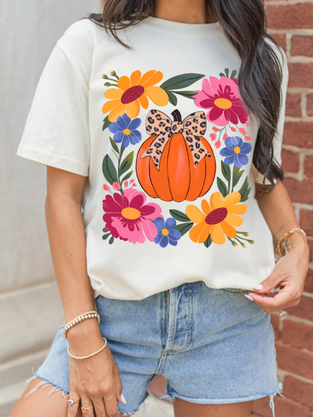 Sarah Express Women's Pumpkin Floral Graphic Round Neck T-Shirt White