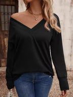 Sarah Express Women's V-Neck Long Sleeve T-Shirt - Button Detail Casual Top