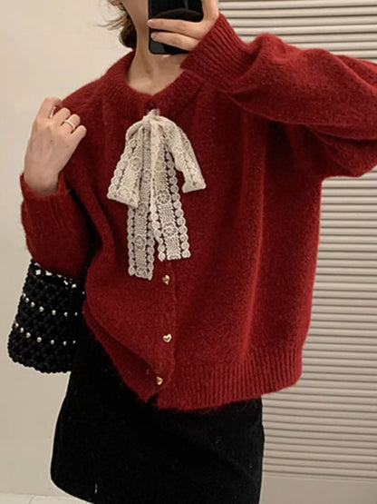 Sarah Express Women's Lace Bowknot Knit Cardigan Red One Size