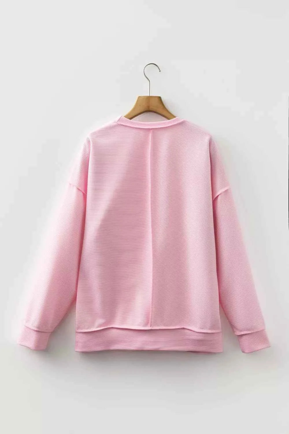 Sarah Express Women's Sequin Love Cake Bow Graphic Long Sleeve Top - Ribbed Texture Exposed Seam