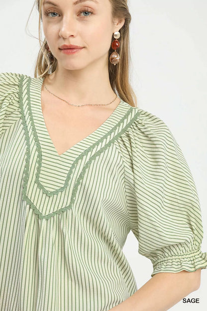 Sarah Express Women's Stripe V-Neck Blouse with Lace Detail