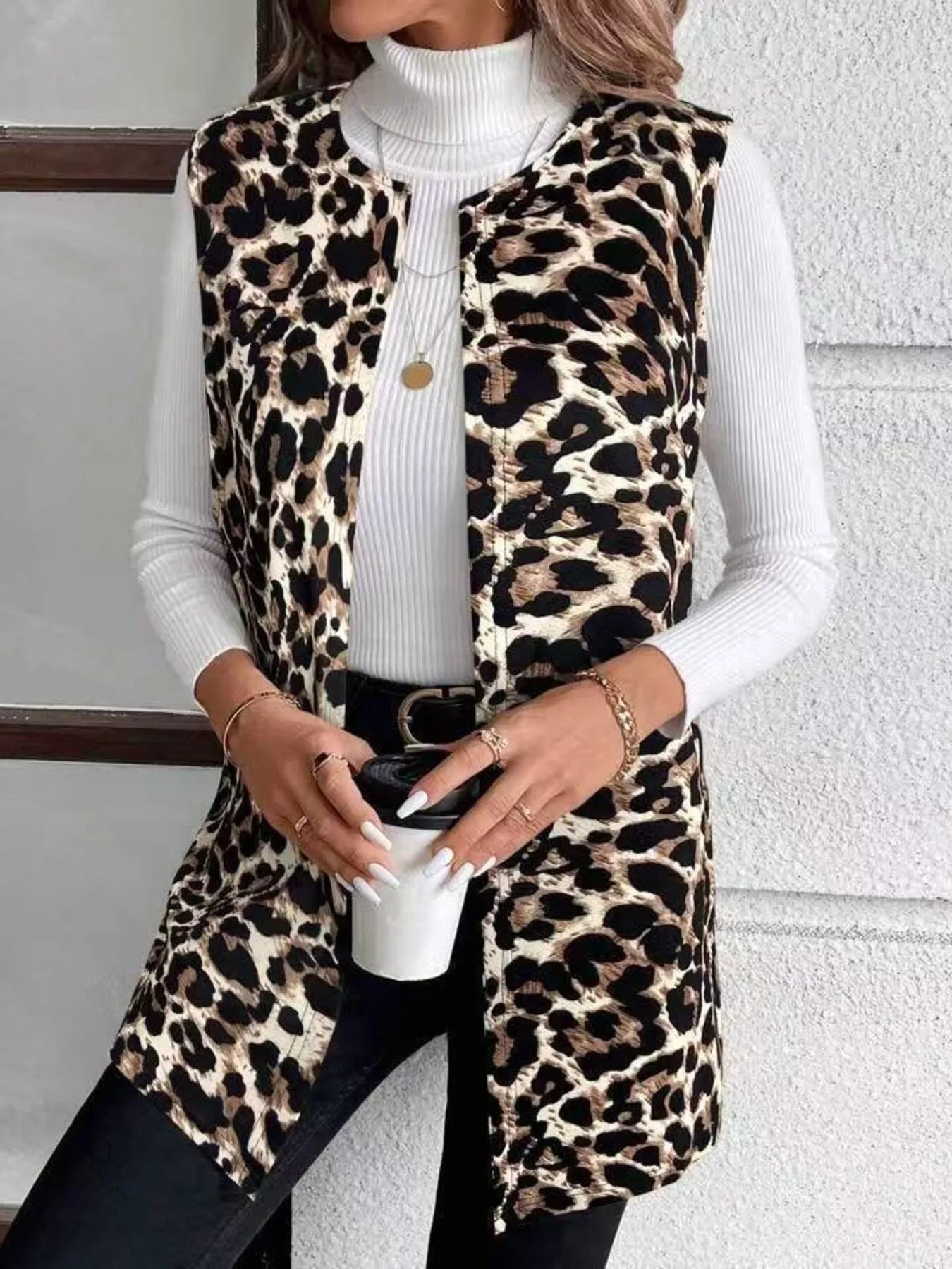 Sarah Express Women's Sleeveless Leopard Print Vest Coat