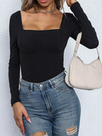 Sarah Express Women's Square Neck Long Sleeve Bodysuit Black