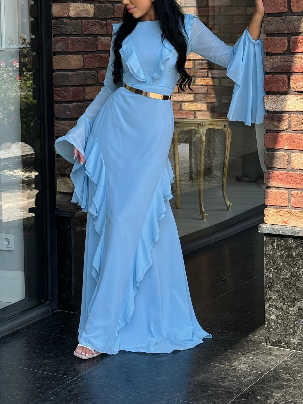 Sarah Express Women's Ruffled Maxi Dress Round Neck Long Sleeve Wedding Party