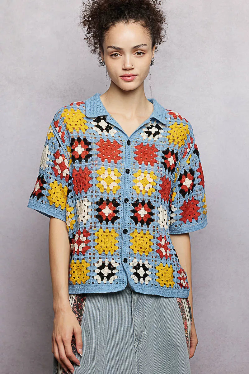Sarah Express Women's Crochet Short Sleeve Button Down Shirt - Retro Color Block Knit Blouse