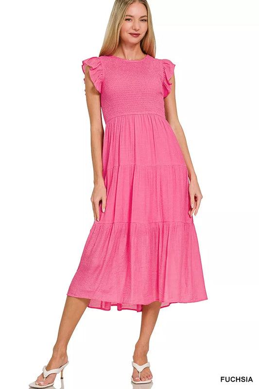 Sarah Express Women's Woven Smocked Ruffle Sleeve Midi Dress FUCHSIA