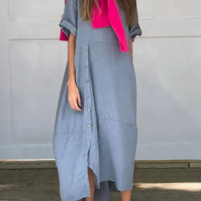 Sarah Express Women's Loose Cotton Linen Maxi Dress Short Sleeve Casual Relaxed Fit