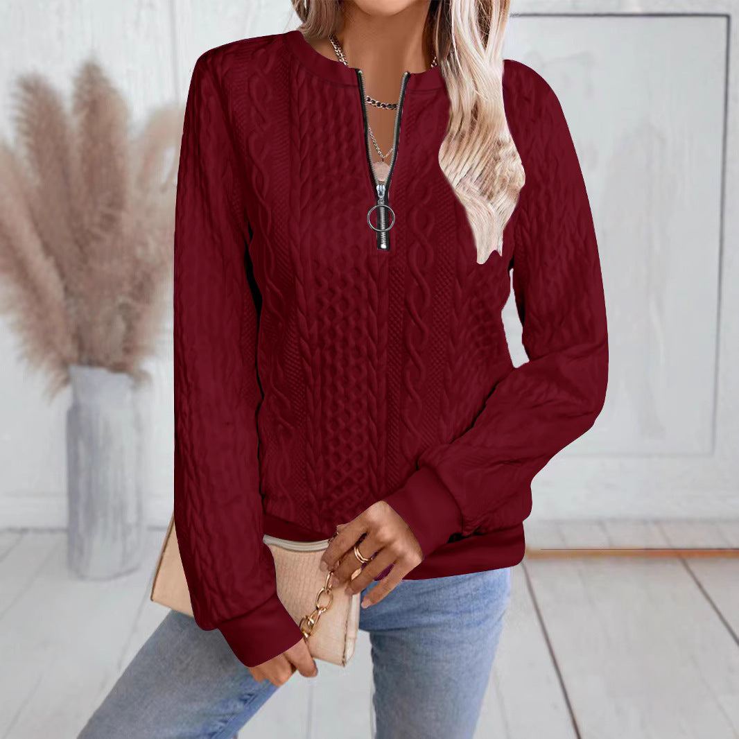 Sarah Express Women's Zipper Detail Long Sleeve Sweater Casual Loose Fit Pullover Top