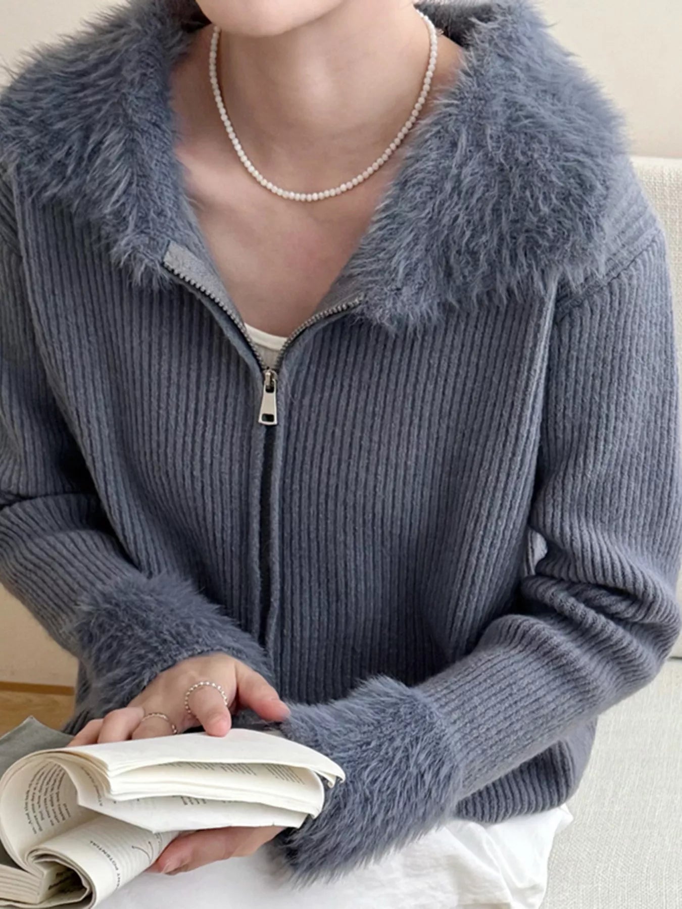 Sarah Express Women's Fluffy Trim Zip-Up Cardigan