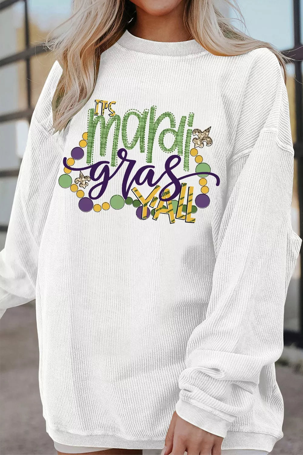 Sarah Express Women's Mardi Gras Y'all Corded Ribbed Pullover Sweatshirt