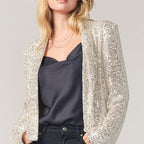Women's Sequin Long Sleeve Blazer Jacket Polo Collar Mid-Length