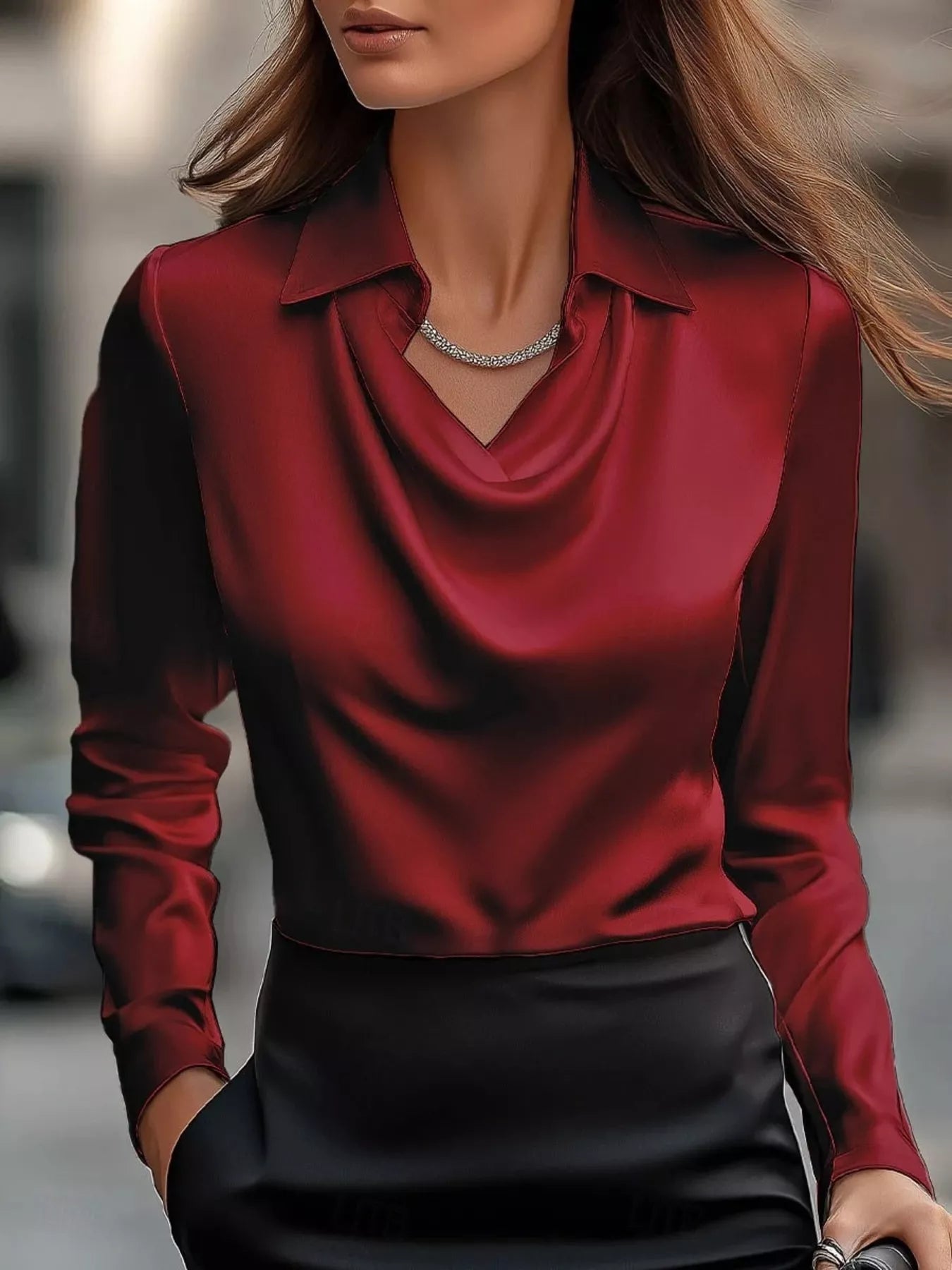 Sarah Express Women's Ruched Long Sleeve Drape Collar Blouse Burgundy
