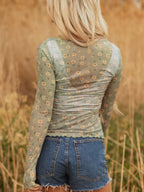 Sarah Express Women's Floral Print Mesh Long Sleeve Top