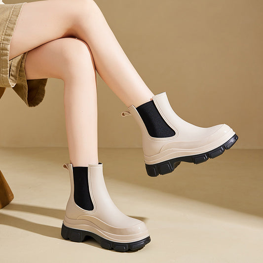 Sarah Express Women's Waterproof Martin Rain Boots | Thick Sole Mid-Calf PVC Boots | Black & Khaki