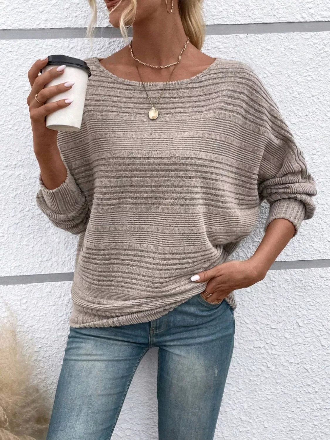 Sarah Express Women's Relaxed Fit Ribbed Knit T-Shirt Mocha