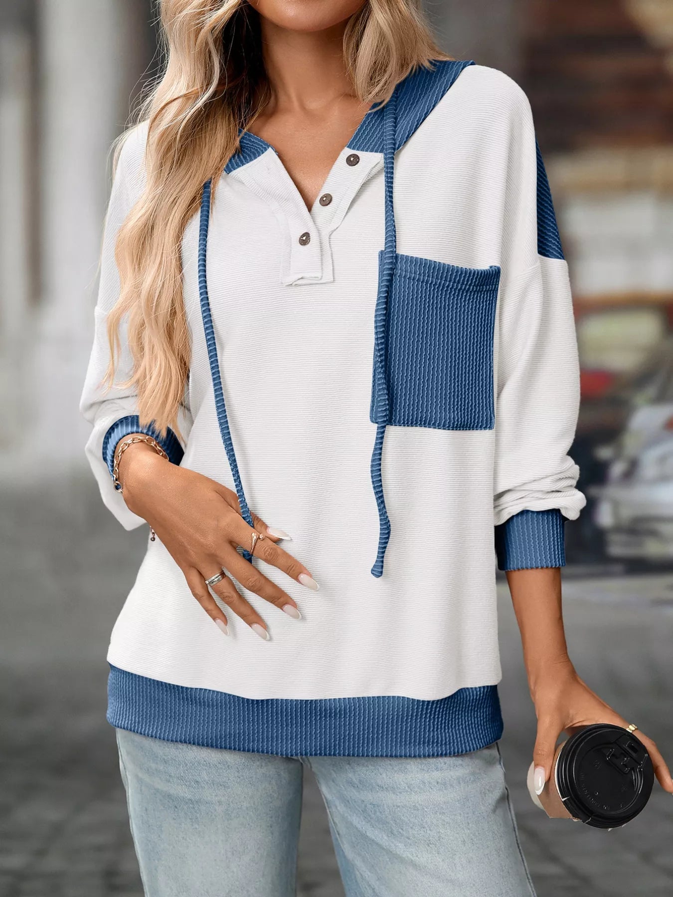 Sarah Express Women's Casual Color Block Button Detail Hoodie