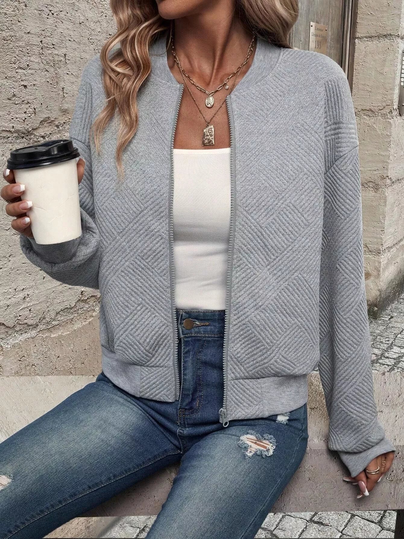 Sarah Express Women's Textured Knit Zip-Up Jacket Plus Size