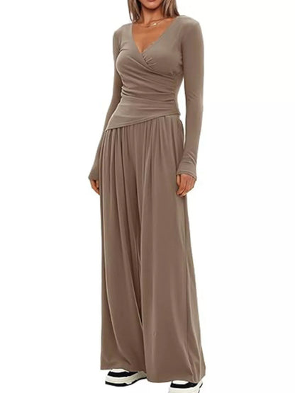 Sarah Express Women's Long Sleeve Top and Wide Leg Pants Set