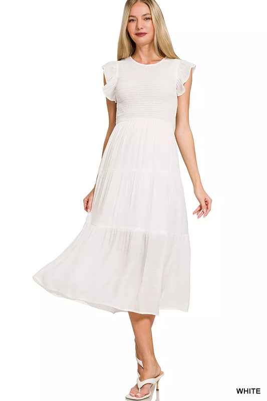 Sarah Express Women's Woven Smocked Ruffle Sleeve Midi Dress WHITE