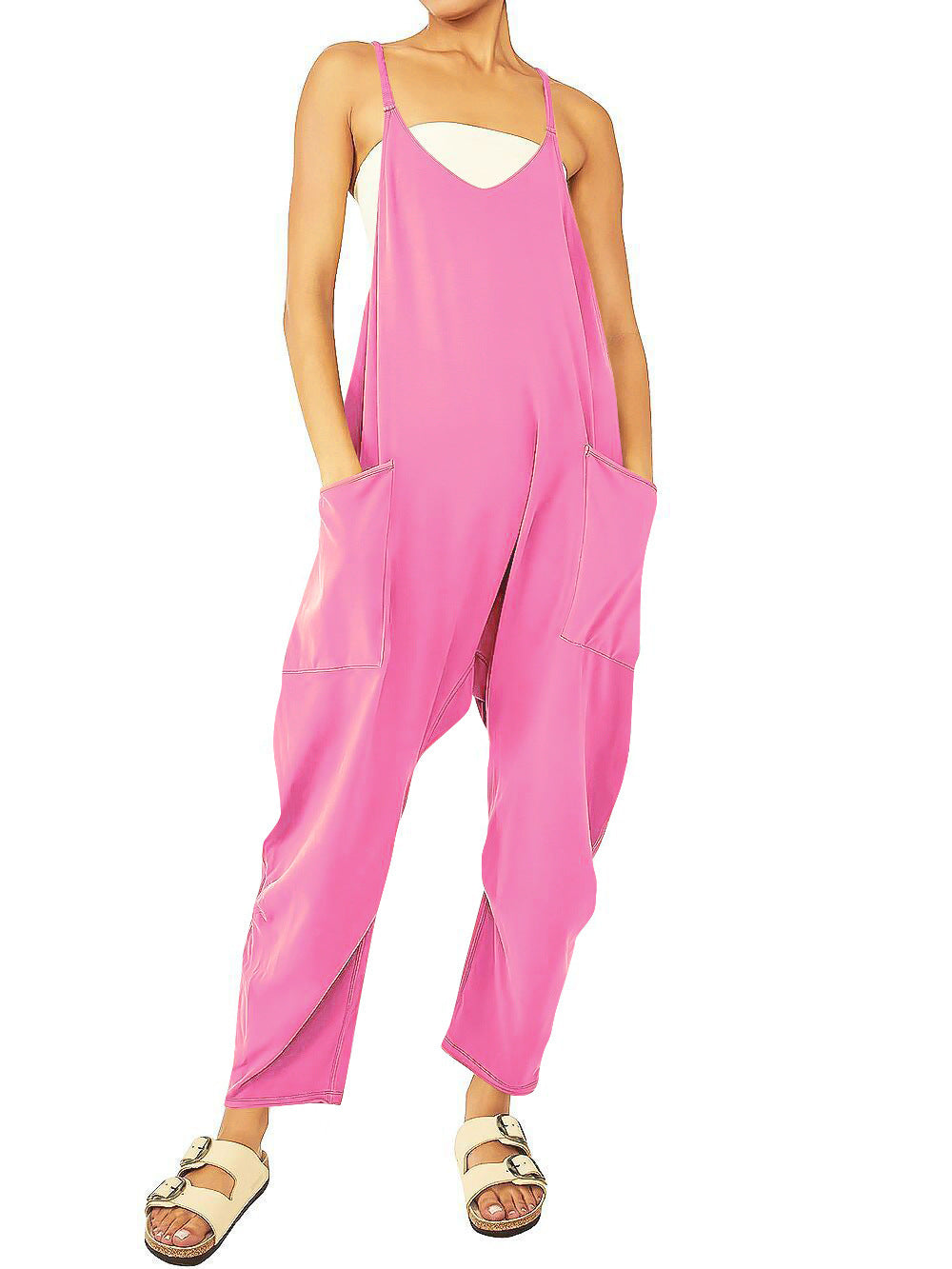 Sarah Express Women's Knitted Spaghetti Strap Jumpsuit - Loose Fit Wide Leg Overalls with Pockets