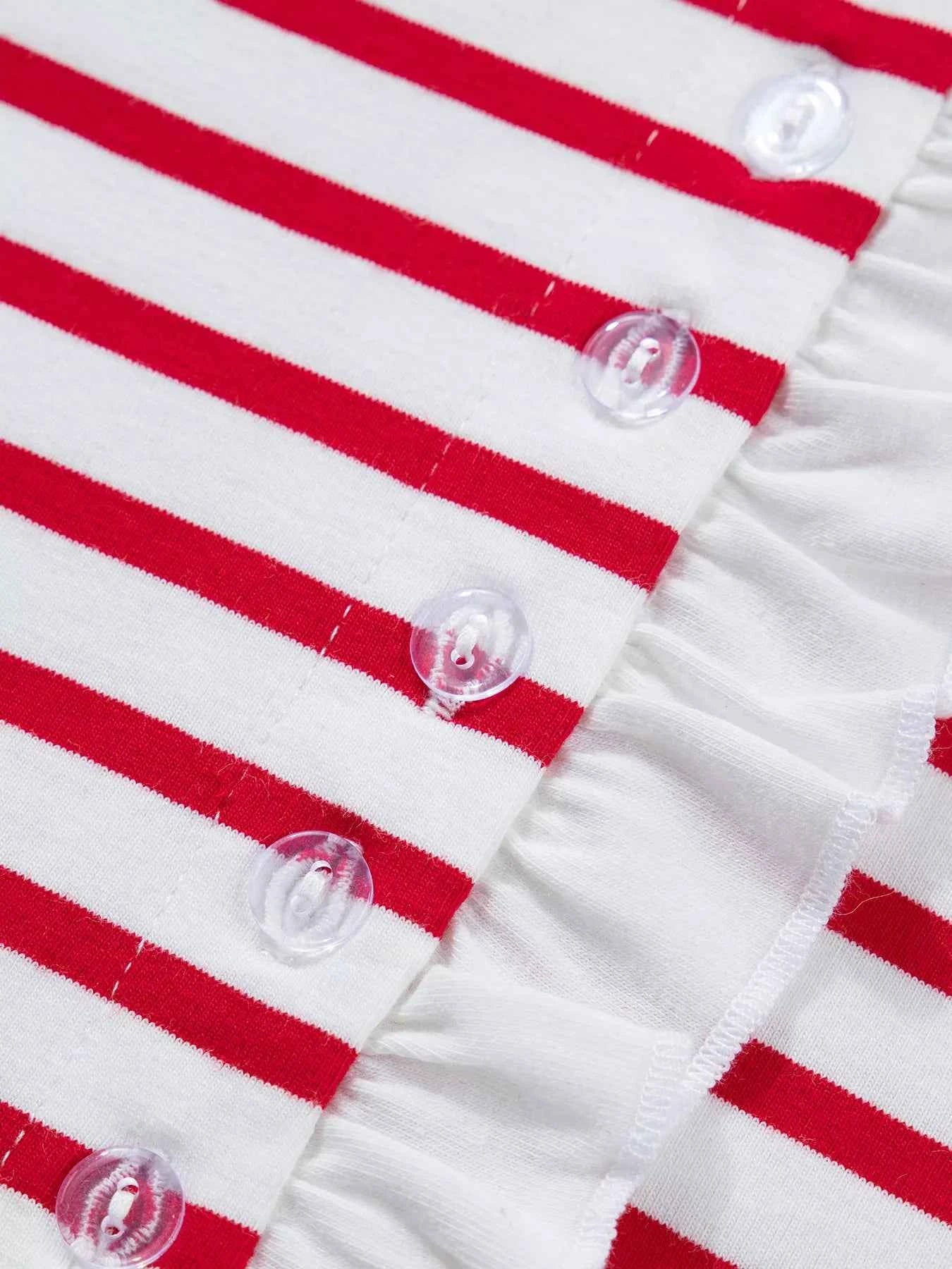 Sarah Express Women's Stripe Contrast Frilled Trim Half Button Long Sleeve Top