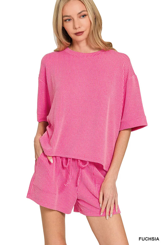 Sarah Express Women's Raised Rib Short Sleeve Tee and Drawstring Shorts Set