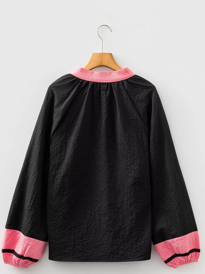 Sarah Express Women's Color Block Patchwork Detail Textured Long Sleeve Blouse