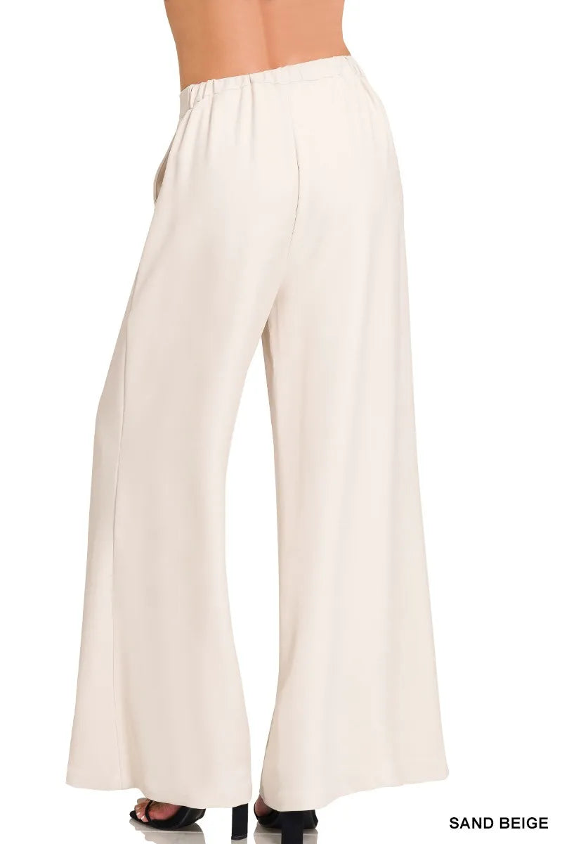Sarah Express Women's Relaxed Fit Wide Leg Pants - Elastic Waist Pocketed Trousers