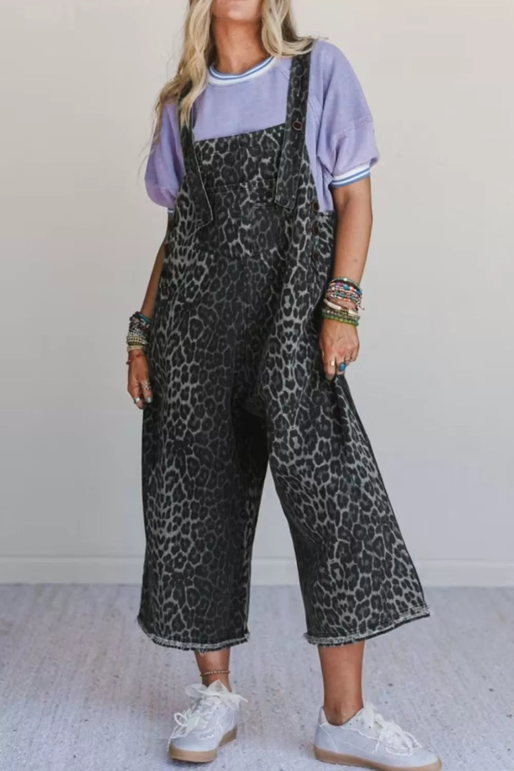Sarah Express Women's Leopard Print Denim Overalls - Adjustable Strap Cropped Loose Fit Jumpsuit