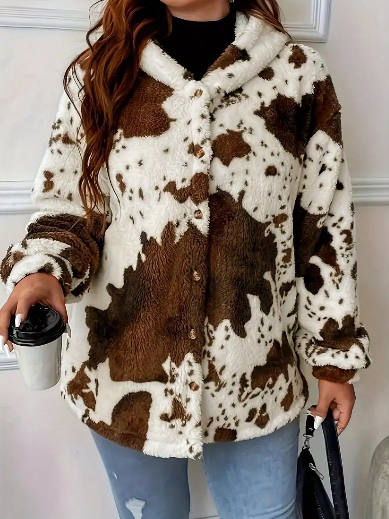 Sarah Express Women's Cow Print Plush Hooded Jacket - Cozy Open Front Outerwear