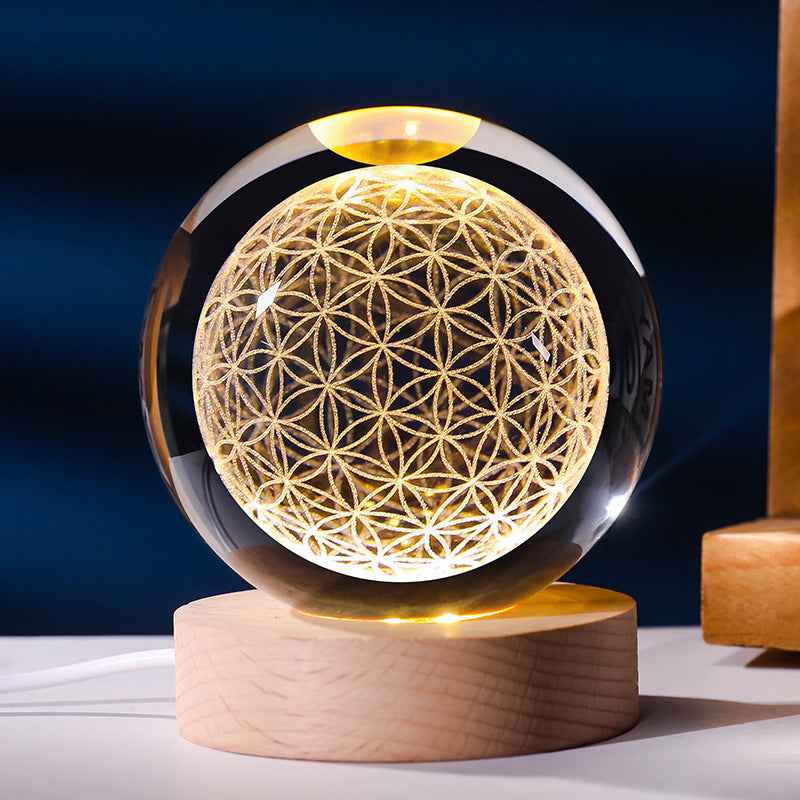 Sarah Express 3D Crystal Ball Night Light - Luminous Planetary Moon Galaxy Projection Lamp with Wooden Base Solid Wood Lamp Holder