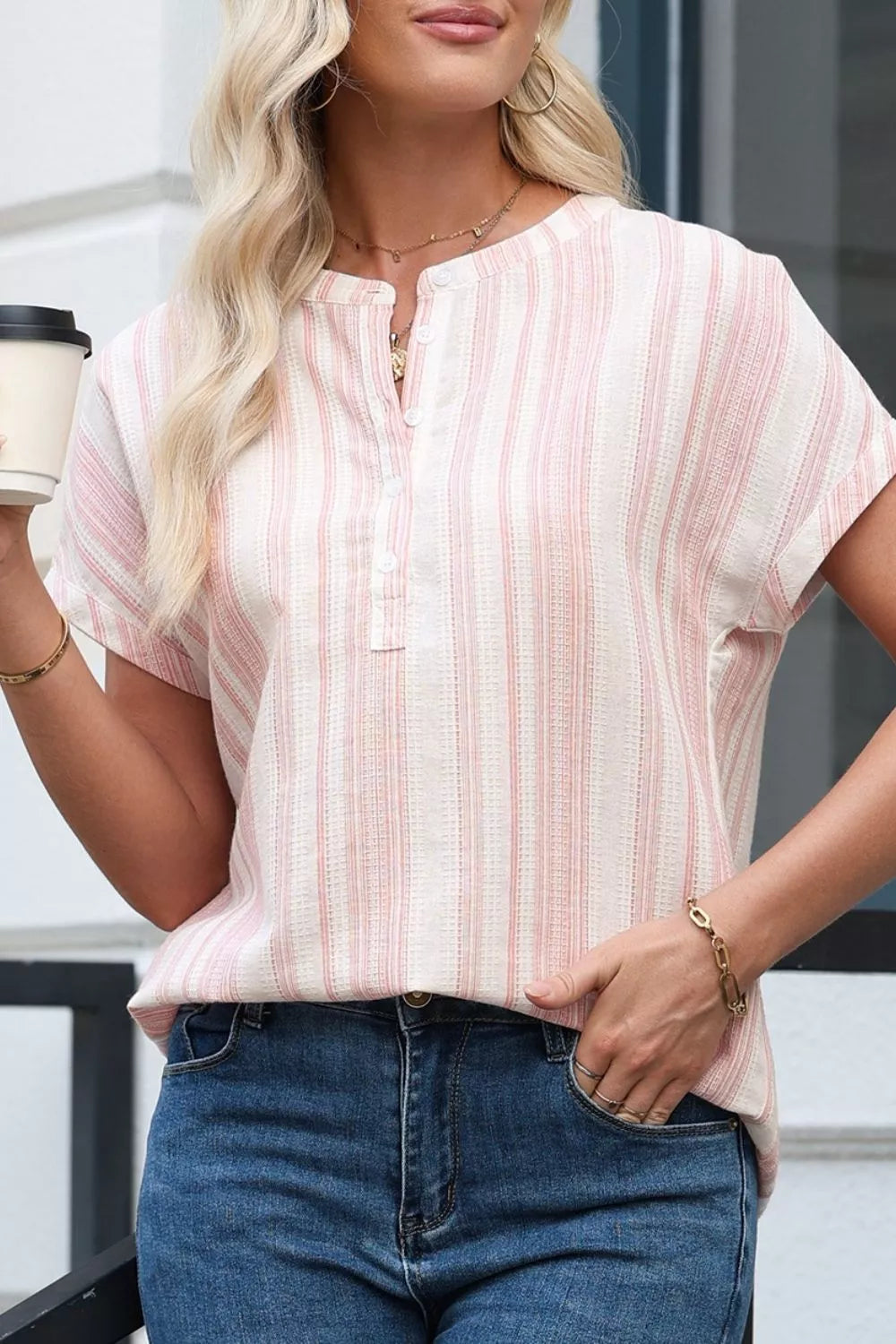 Sarah Express Women's Striped Button Detail Short Sleeve Blouse - Casual Cotton Blend Top