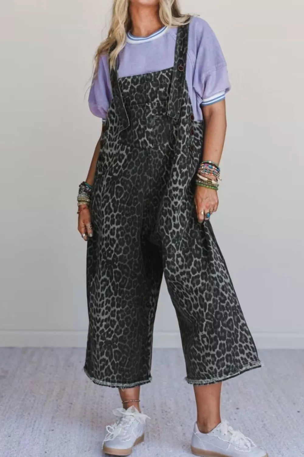 Sarah Express Women's Leopard Print Denim Overalls - Adjustable Strap Cropped Loose Fit Jumpsuit Dark Gray