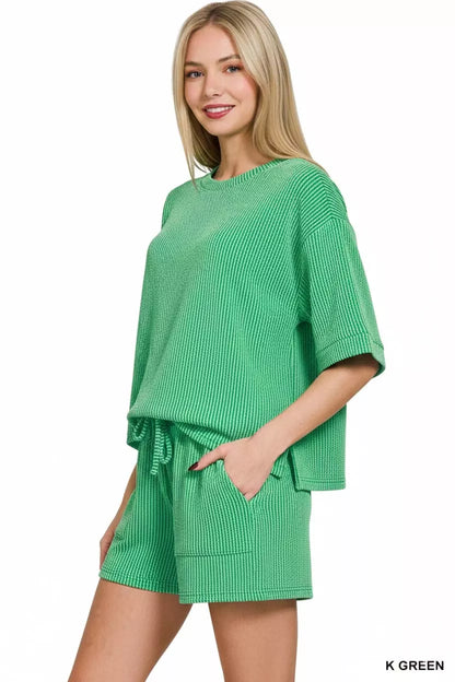 Sarah Express Women's Raised Rib Short Sleeve Tee and Drawstring Shorts Set